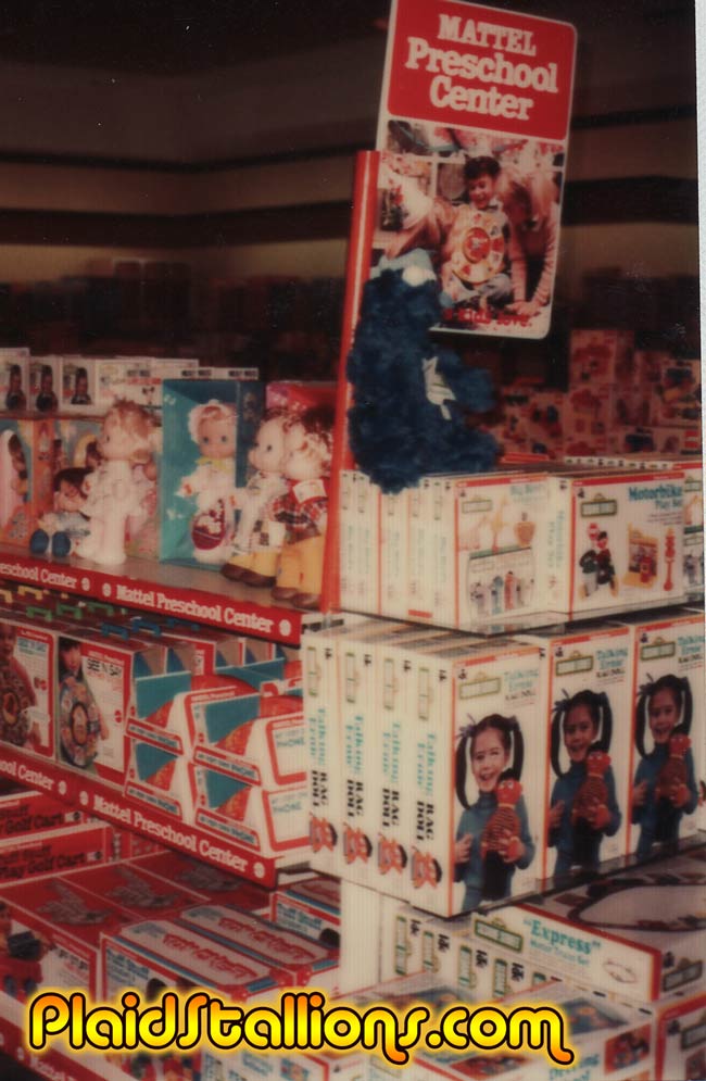 endcap of Sesame Street toys in the 1970s